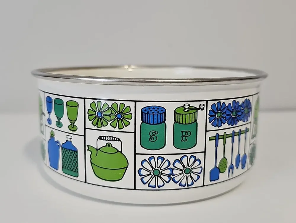 vintage MCM Enamelware Pot Retro 70s Fower Power Cookware Green Blue